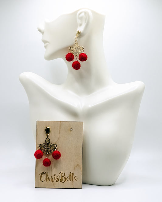 Pom Pom Gold Filled Red Earrings